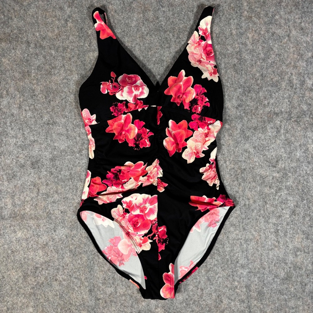 Calvin Klein One Piece Swimsuit Womens 12 Black Pink Floral Ruched CG6MJ523